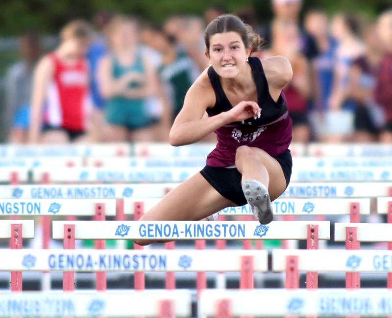 Marengo’s Olivia Walter cruises in the 100-meter hurdles in IHSA Class 2A Girls Sectional Track action at Genoa-Kingston School in Genoa on Friday, May 16, 2025.