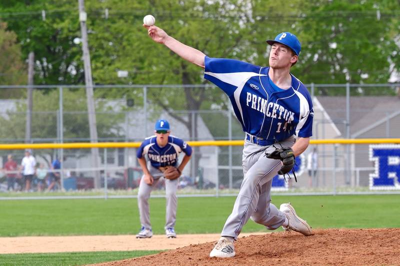 Princeton's Will Lott fires a pitch Monday at Prather Field.