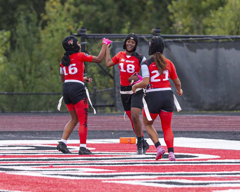 Bolingbrook celebrates a touchdown during flag football game between Plainfield Central at Bolingbrook Wednesday, Sept 3, 2025  in Bolingbrook.