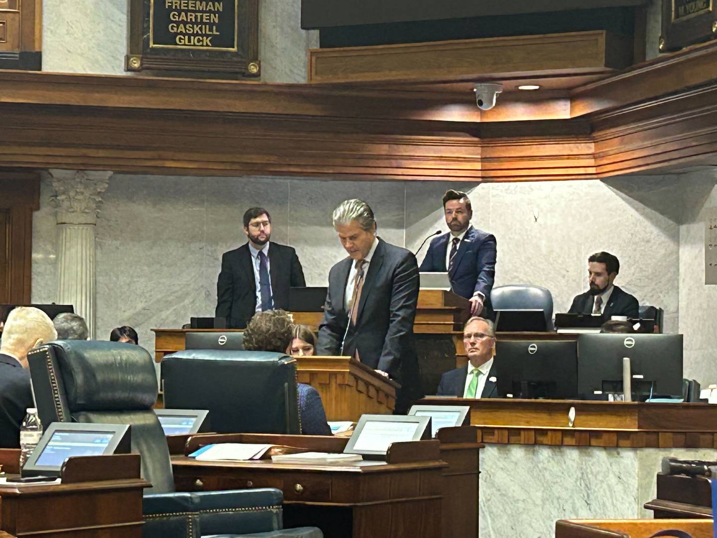Indiana State Senator Ryan Mishler speak inside Senate chambers in Indianapolis on Thursday.