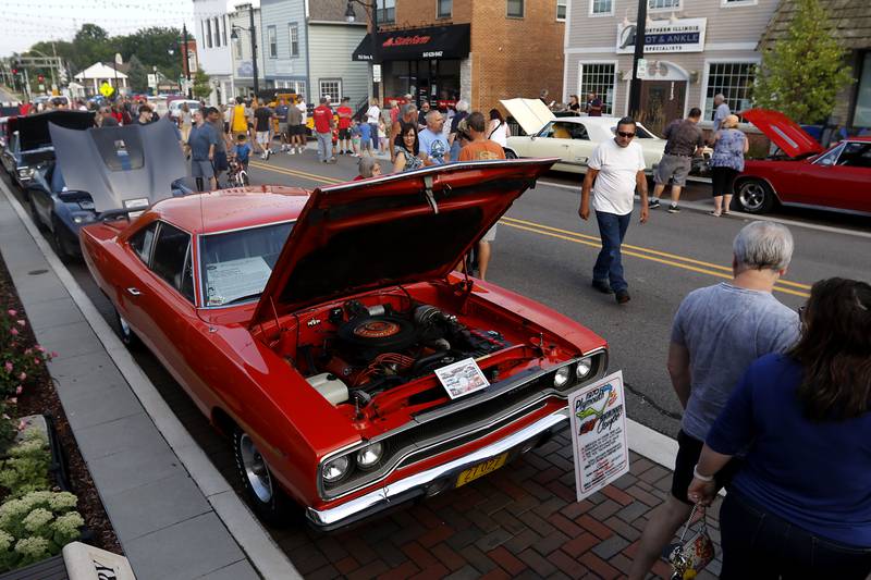 People check out muscle cars including this  1970 Plymouth Roadrunner on Wednesday July 10, 2024, during the Cary Cruise Night. The weekly car show hosted by the Cary-Grove Area Chamber of Commerce draws about 125 cars and trucks each week. The event runs weekly on Wednesday through the end of August.
