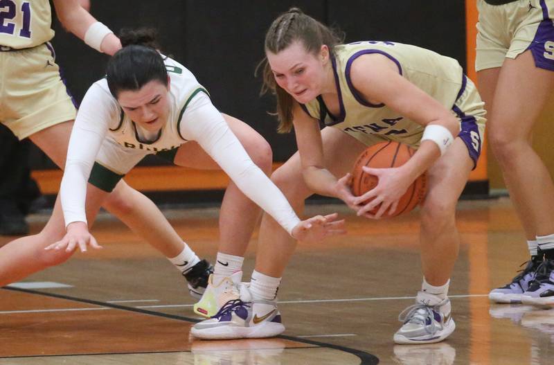 Serena's Jenna Setchell grabs a loose ball over St. Bede's Ali Bosnich during the Class 1A Sectional final game on Thursday, Feb. 22, 2024 at Gardner-South Wilmington High School.