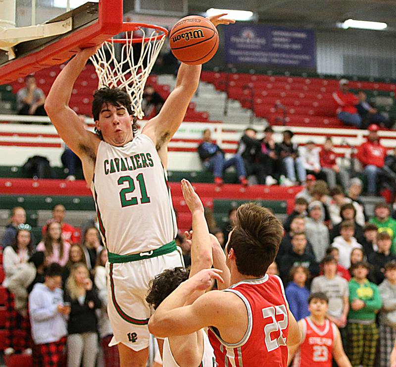 L-P's Josh Senica blocks Streator's Christian Benning's shot on Thursday, Jan. 28, 2023 at L-P High School.