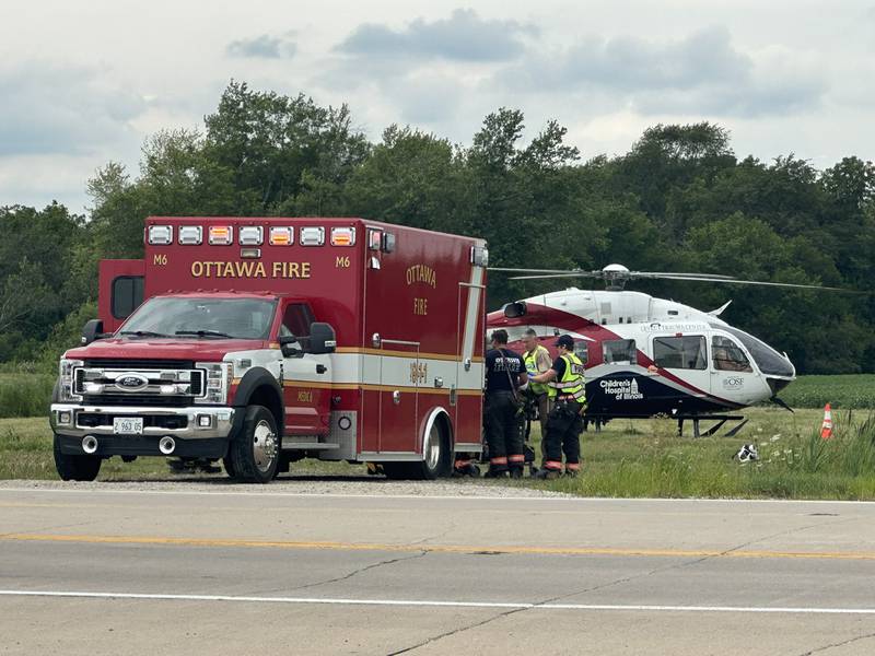 A medical helicopter landed in a field near Route 71 and Interstate 80 to take a victim to a hospital from a multi-vehicle crash on Interstate 80, about a mile east of the Route 71 exit.