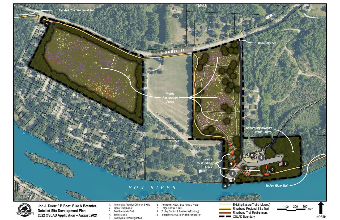 The concept plan of improvements to the Jon J. Duerr Forest Preserve in St. Charles Township, as presented in a state grant application. The Kane County Forest Preserve District was awarded a $400,00 state grant for the project, which will cost an estimated $1.24 million.