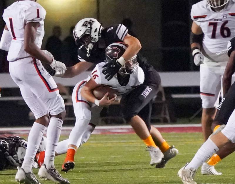Plainfield North's Ryan Pass (8) hits Oswego’s Brett Connolly (16) in the backfield for a loss during a football game at Plainfield North High School on Friday, Sept. 22, 2023.