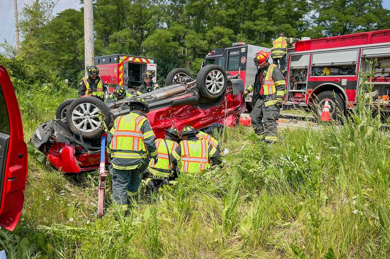 Four people were taken to area hospitals, including adults in serious to critical condition, following a two-vehicle crash on Friday, June 23, 2023, west of Woodstock.
