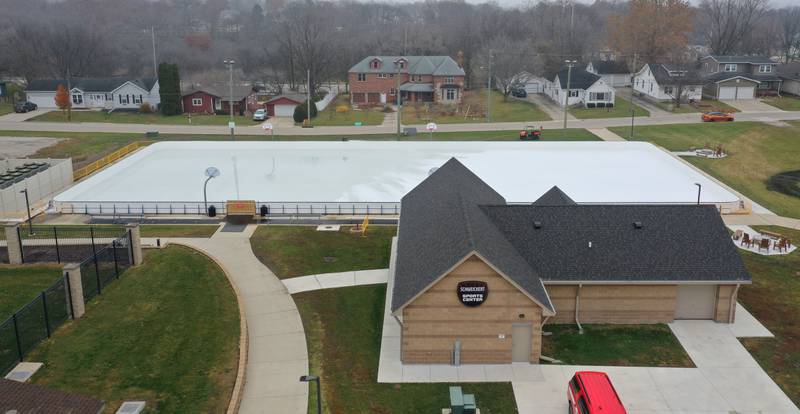 An aerial view of the The Schweickert Arena ice rink on Tuesday, Nov. 25, 2025 in Peru. The ice rink opens this weekend at Washington Park.  The concession stand that will be open on occasions during the season  Skate rental will not be available this year, but will be available in the future. Logistics are still being worked out but the city hopes to have the rink fully operational during Washington Park hours 6a.m.-10p.m. daily.