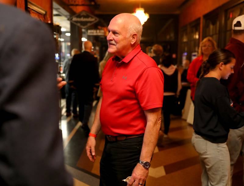 Jonathan Gripe, Republican candidate for Kane County Board District 14, talks with supporters while awaiting election results on Tuesday, Nov. 5, 2024 at the Arcada Theatre in St. Charles.