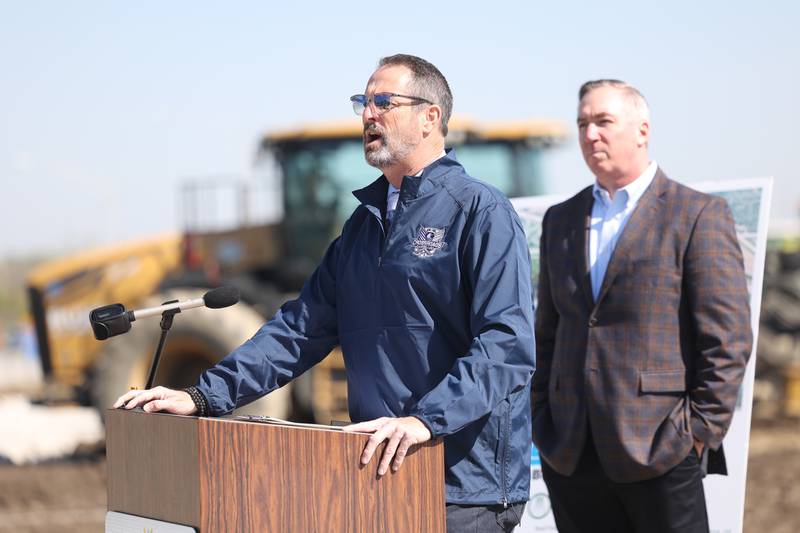 New Lenox Mayor Tim Baldermann speaks at the 100 acre New Lenox Crossroads Sports Complex ground breaking ceremony on Monday, April 22, 2024 in New Lenox.