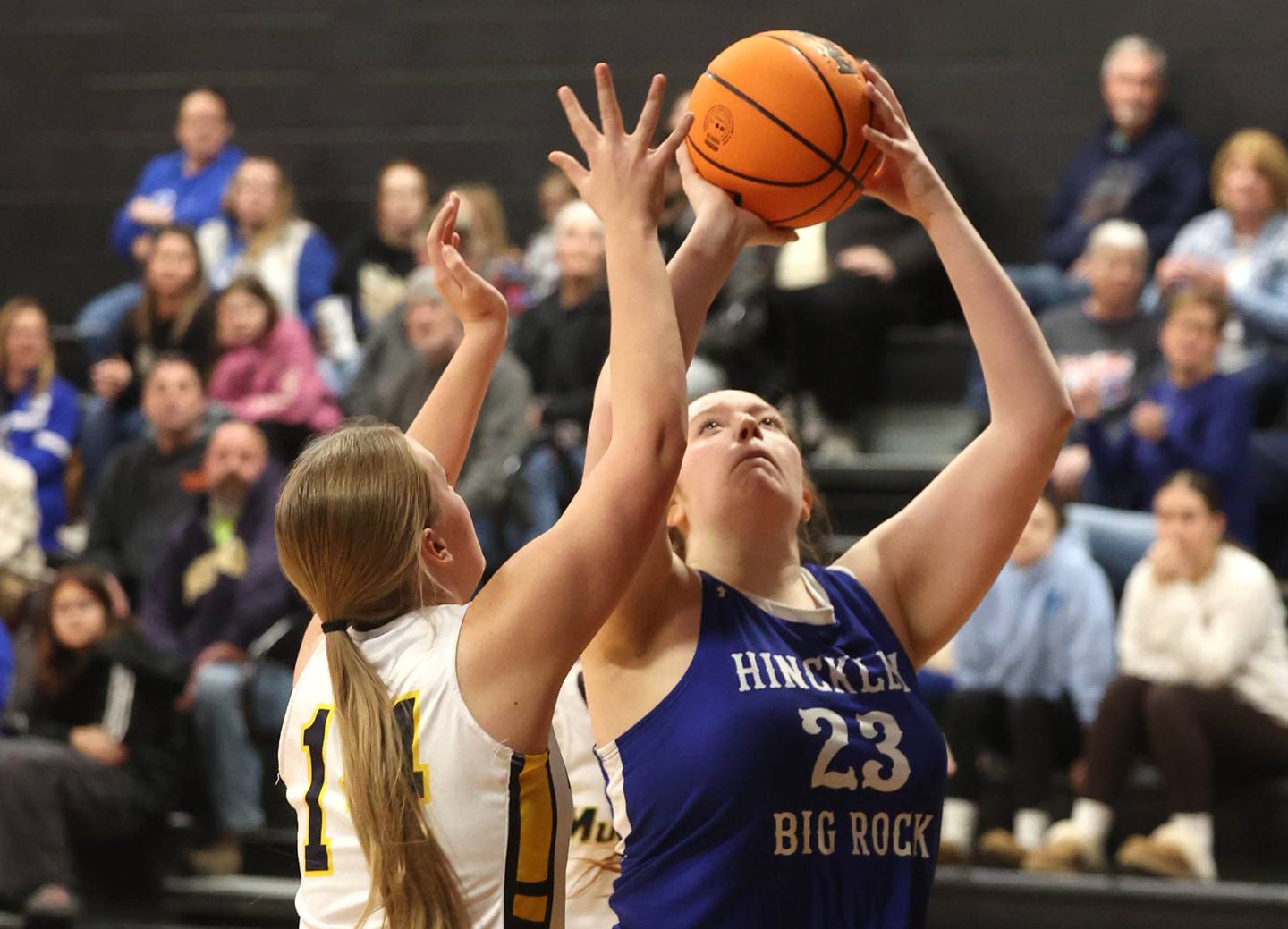 Hinckley-Big Rock's Sami Carlino shoots over Yorkville Christian’s Taylor Vugteveen during their Class 1A regional game Tuesday, Feb. 17, 2025, at Indian Creek High School in Shabbona.