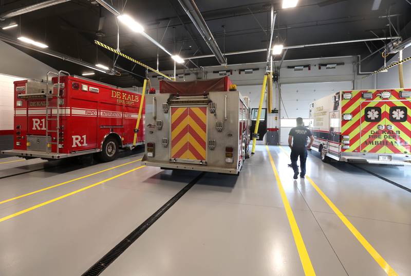 The apparatus bay Tuesday, April 29, 2025, at the newly opened DeKalb Fire Station No. 4 on South Malta Road near the Schnucks shopping center.