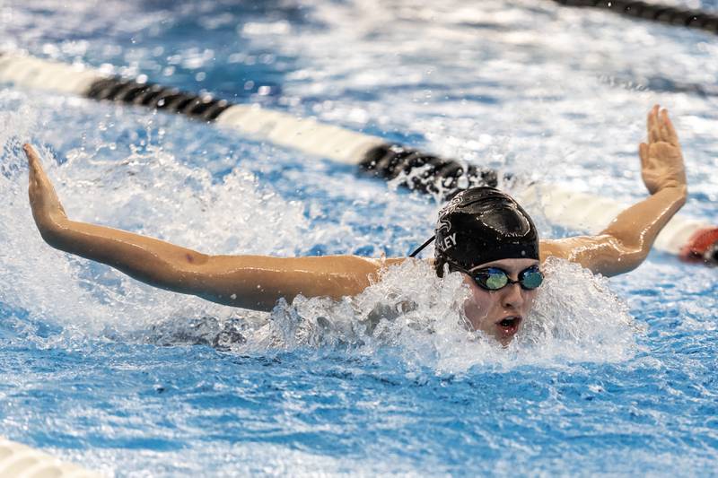Lincoln-Way Central’s Hannah Quigley competes in the 200 Yard IM during the IHSA Girls State Swimming Preliminaries at FMC Natatorium in Westmont on Nov. 14, 2025.