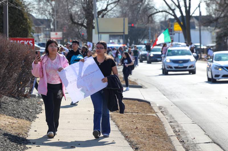 Kankakee High School students participate in a walkout in protest of national immigration policies and Immigration and Customs Enforcement actions on Friday, Feb. 13, 2026.