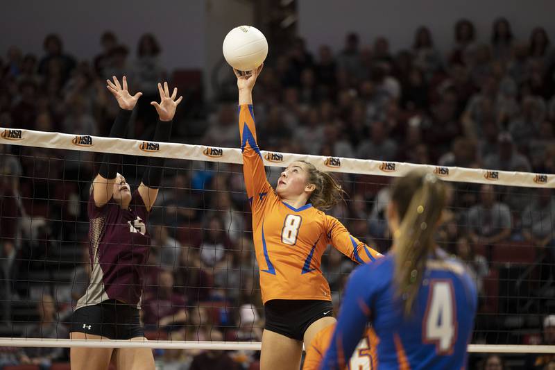 Genoa-Kingston’s Alivia Keegan works the net Friday, Nov. 11, 2022 in the class 2A semifinal game against IVC.