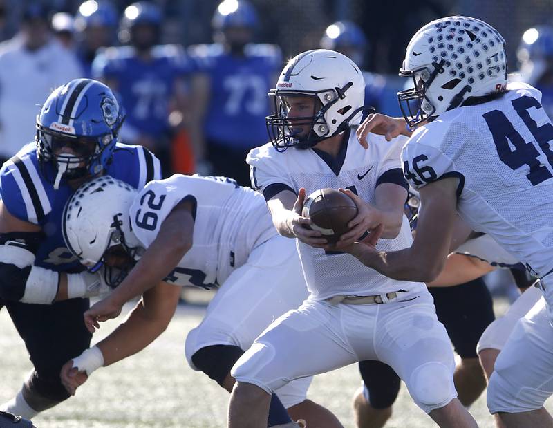 Cary-Grove's Peyton Seaburg hands the ball off to Logan Abrams during a IHSA Class 6A semifinal playoff football game against Lake Zurich on Saturday, Nov. 18, 2023, at Lake Zurich High School.