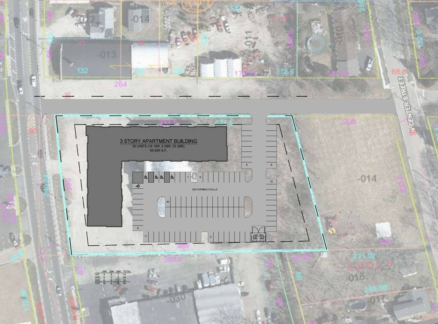 A screenshot of a city of McHenry document shows a developer's preliminary sketch of where a three-story, 50-unit apartment building might sit on the former Just For Fun roller rink property in McHenry that was destroyed in what police say was an arson fire in May 2021.