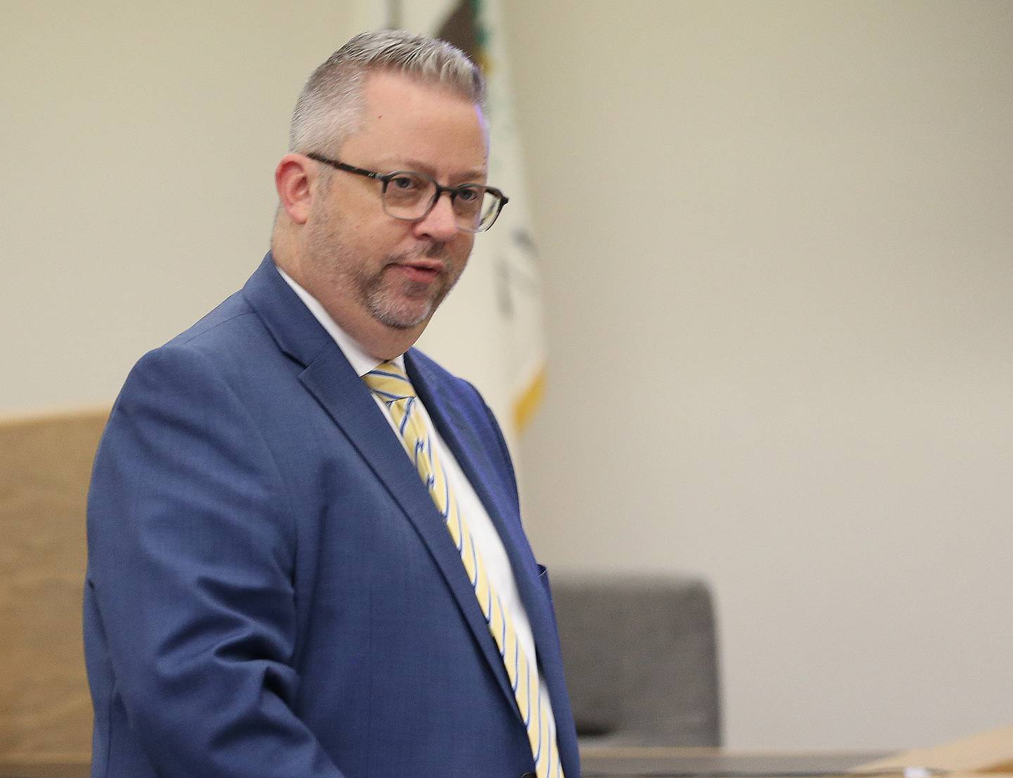 La Salle County Assistant States Attorney Matt Kidder, speaks to the jury during opening remarks during a second murder trial on Tuesday, Aug. 15, 2023 at the La Salle County Government Complex in Ottawa. French of Varna was convicted in 2016 of murdering 38-year-old Joshua Scaman of Oglesby.