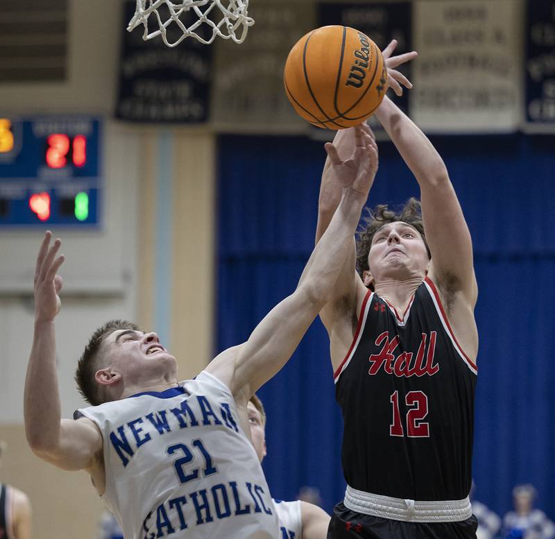 Newman’s Cody McBride and Hall’s Jack Jablonski work for a rebound Friday, Jan. 17, 2025 at Newman High School.