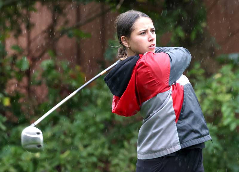 Ottawa’s Marlie Orlandi tees off on the third hole Tuesday, Sept. 24, 2024, during the Interstate 8 girls golf tournament at the Sycamore Golf Club.