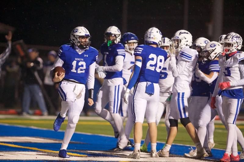 Geneva's Anthony Chahino (12) celebrates scoring a touchdown against Burlington Central at the Class 6A second-round playoff game on Saturday Nov.9,2024 in Geneva.