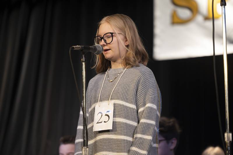 Amelia McDaniel of Erie Middle School competes Thursday, Feb. 19, 2026, during the Lee-Ogle-Whiteside County Regional Spelling Bee. McDaniel went out in round 5 on the word populace.