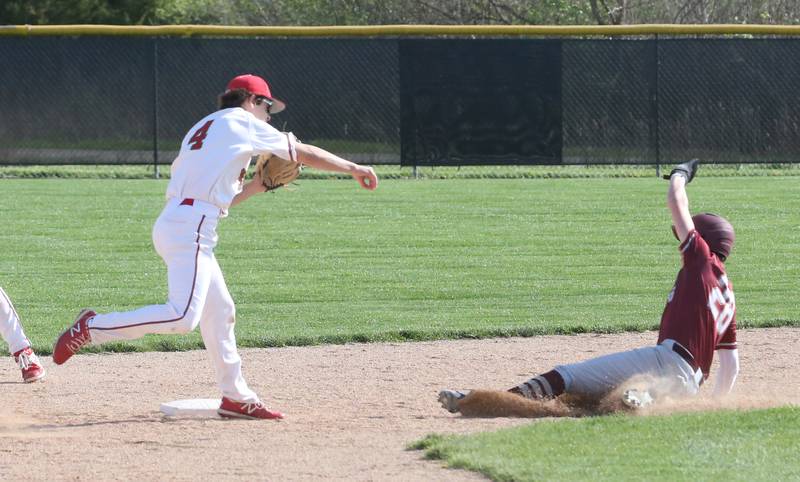 L-P's Jack Jereb throws to first base after stepping on second base to force out Morris's Shane Potter on Friday, April 21, 2023 at Dickinson Field in Oglesby.