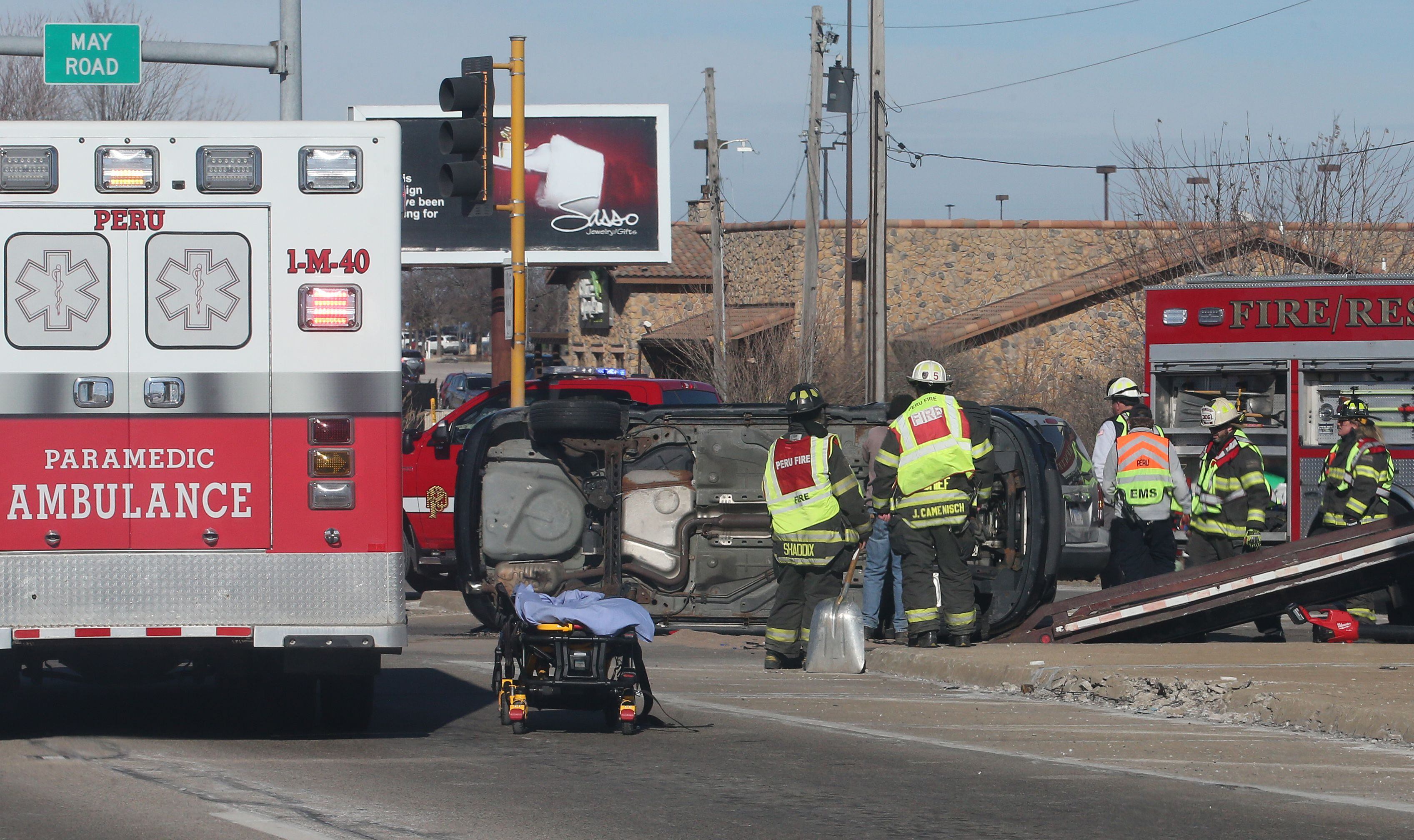 Peru firefighters and paramedics work the scene of a multiple vehicle crash at the intersection of Illinois Route 251 and May Road on Monday, Jan. 27, 2025 in Peru. The crash happened around 12:45p.m. Ambulances from Peru, La Salle, Mendota Spring Valley, and Oglesby responded to the scene to transport multiple victims to area hospitals. Peru and La Salle police along with Illinois State Police also responded to the crash.