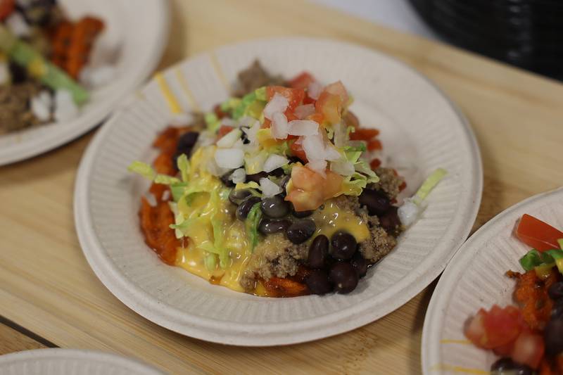 A Sweet Potato and Turkey Nacho dish submitted by a student is one of a dozen recipes served at a nutritional and wellness event hosted by Joliet Junior College on Friday, April 21, 2023 in Joliet.