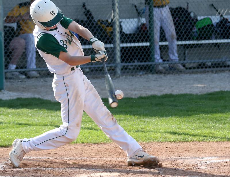 St. Bede's Carson Riva smacks a hit against Putnam County on Tuesday, April 30, 2024 at St. Bede Academy.