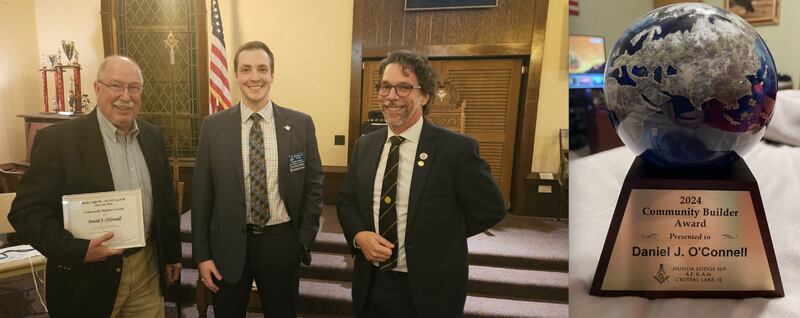 Nunda Masonic Lodge #169 bestows its Community Builder Award to Boy Scout leader Daniel J. O’Connor on Nov. 12, 2024. From left are O'Connor, Matt Smok and Terry Redman.