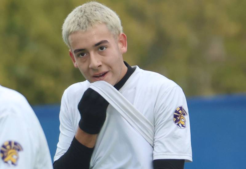 Mendota's Cesar Casas reacts after Columbia scored the first goal during the Class 1A State title game on Saturday, Nov. 8, 2025 at Hoffman Estates High School.