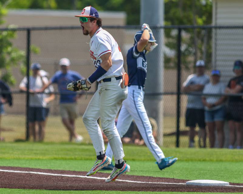 Oswego's Cade Duffin (23) celebrates a inning ending double play during Class 4A Romeoville Sectional final game between Oswego East at Oswego.  June 3, 2023.