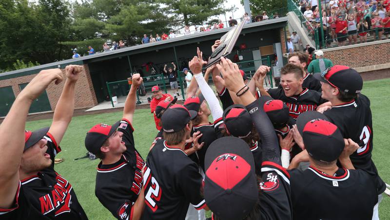 Members of the Henry-Senachwine baseball team the Class 1A Supersectional game over Milford on Monday, May 29, 2023 at Illinois Wesleyan University in Bloomington.