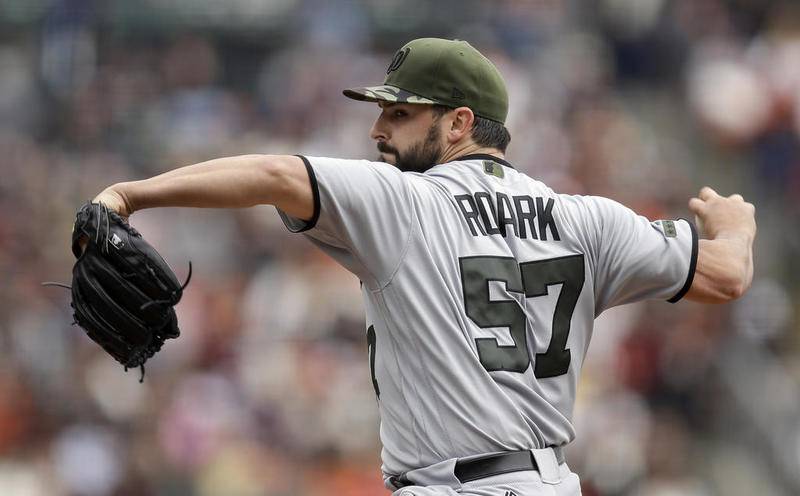 Washington Nationals pitcher Tanner Roark works against the San Francisco Giants in a May 29, 2017 game in San Francisco. If the National League standings remain as they are, Roark and the Nationals would face the Cubs in a division series. (AP Photo/Ben Margot)
