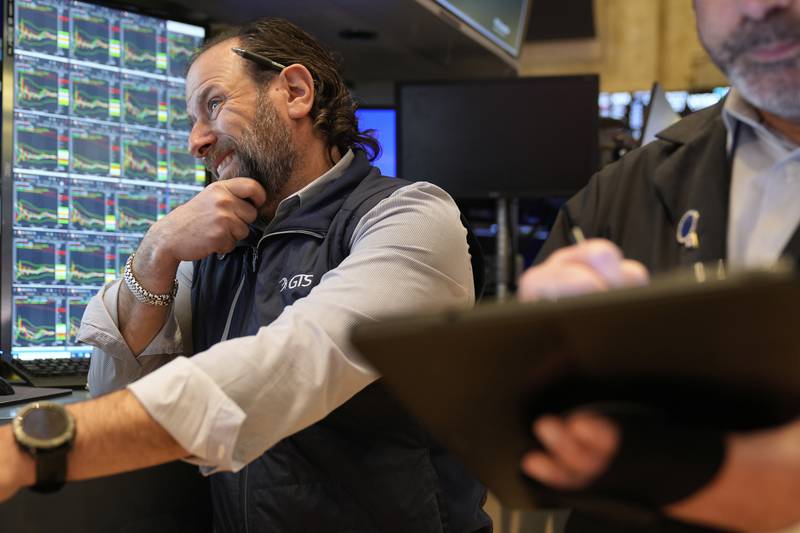 Mike Pistillo Jr. works on the floor at the New York Stock Exchange in New York, Tuesday, April 8, 2025. (AP Photo/Seth Wenig)