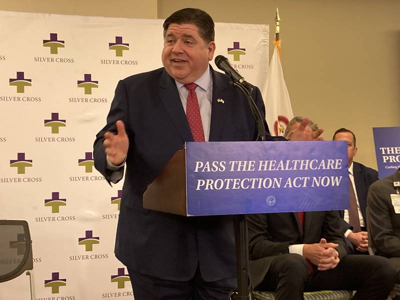 Governor JB Pritzker speaks at Silver Cross Hospital on April 24 promoting the Healthcare Protection Act.