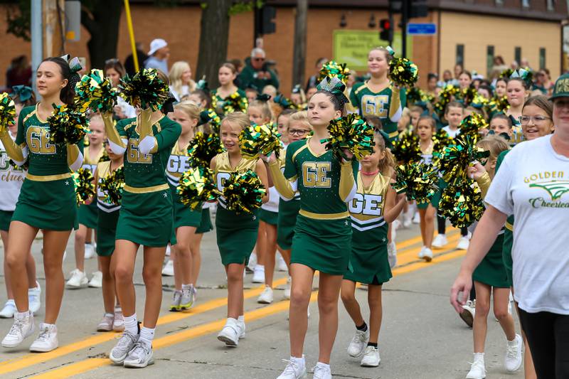 The Golden Eagle Cheerleaders perform at the Glenbard West Homecoming Parade.  Sept 16, 2023