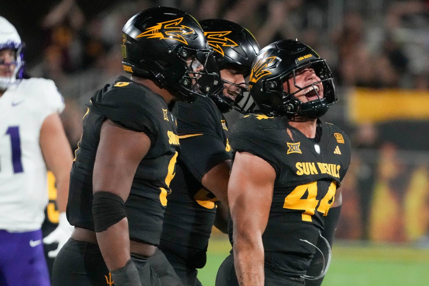 Arizona State Sun Devils linebacker Keyshaun Elliott (44) during a NCAA college football game against TCU Horned Frogs Friday, Sept. 26, 2025, in Tempe, Ariz. (AP Photo/Darryl Webb)