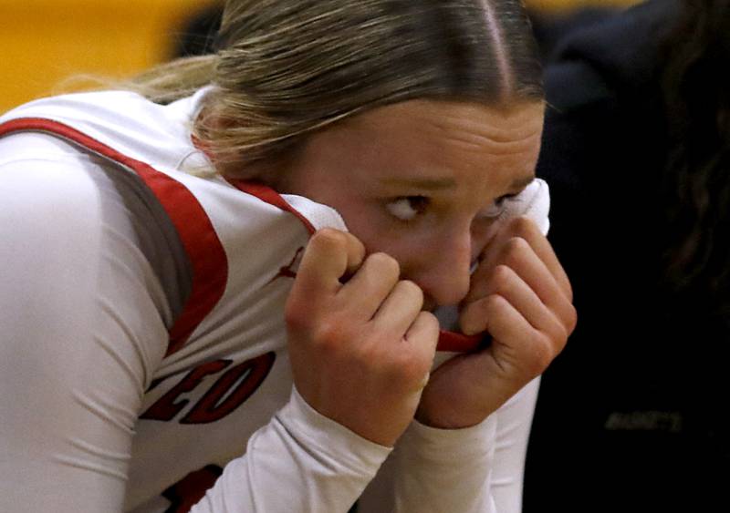 Huntley's Anna Campanelli watches the final minute of Huntley’s loss to Loyola Academy in the IHSA Class 4A Gurnee Warren Supersectional girls basketball game on Monday, March 3, 2025, at Warren Township High School in Gurnee.