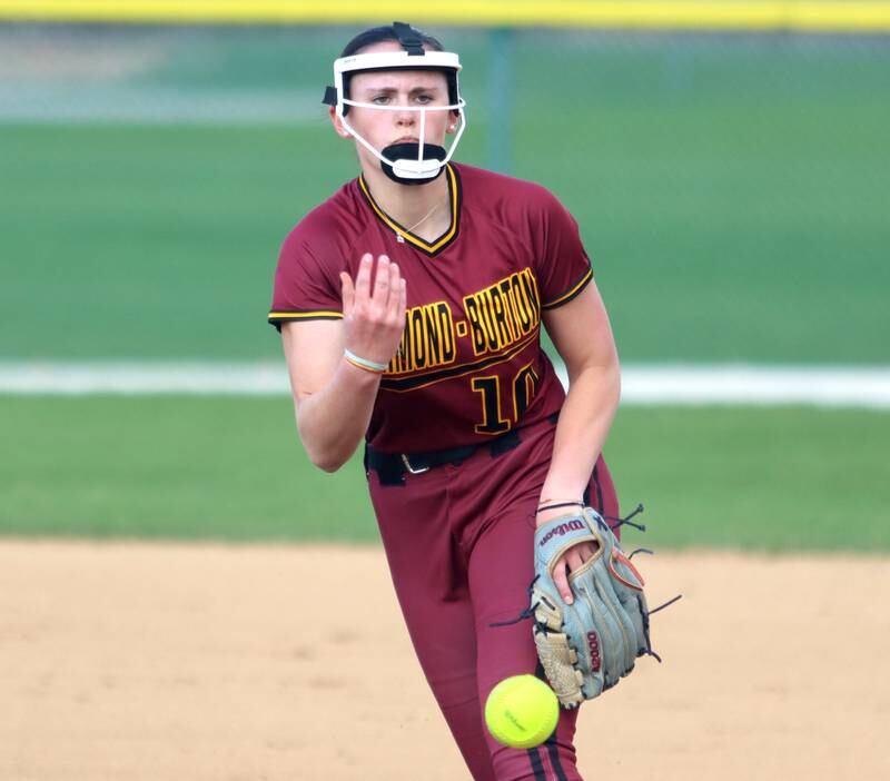 Richmond-Burton’s Hailey Holtz delivers against Marengo in varsity softball on Tuesday, April 22, 2025, at Marengo High School in Marengo.