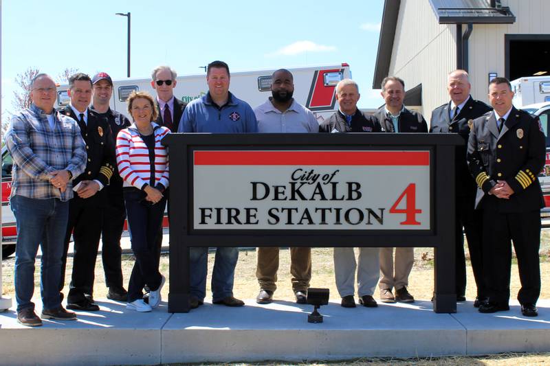 Representatives of the DeKalb Fire Department and City gathered in front of DeKalb Fire Station No. 4 at 1130 S. Malta Road at a grand opening event on Saturday, April 26, 2025. (From left) 3rd Ward Alderman Tracy Smith, Deputy Chief of Training Jim Carani, President of IFA Local 1236 Lt. Don Zuniga, 2nd Ward Alderwoman Barb Larson, Treasurer of IFA Local 1236 Lt. Jared Thorp, 5th Ward Alderman Andre Powell, Mayor Cohen Barnes, 6th Ward Alderman Mike Verbic, Fire Chief Mike Thomas, and Deputy Chief of Operations Luke Howieson.