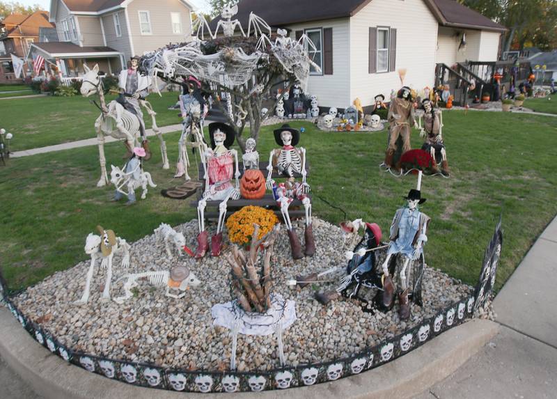 This giant skeleton display is located at the intersection of Third and Market Streets on Wednesday, Oct. 18, 2023 in Peru.