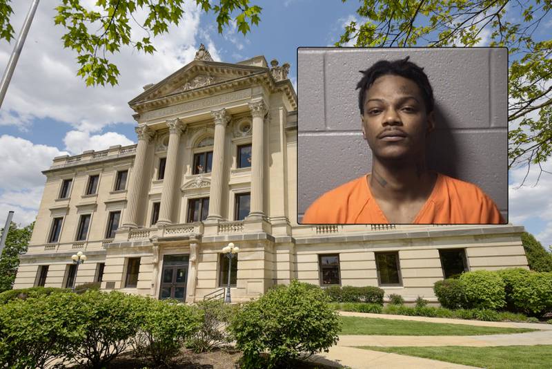 Jalen J. Foote, 22, of the 800 block of Forest Heights Drive in New Albany, Mississippi, is facing charges after DeKalb police said he ran away from police during a traffic stop and was later found with an illegal gun. (Inset provided by DeKalb County Jail, courthouse photo by Mark Black for Shaw Local)