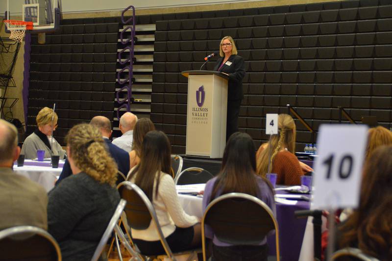 Illinois Valley Community College President Tracy Morris addresses an audience of nearly 400 students, donors and families during the annual Foundation Scholarship reception Thursday, Oct. 19, 2023.