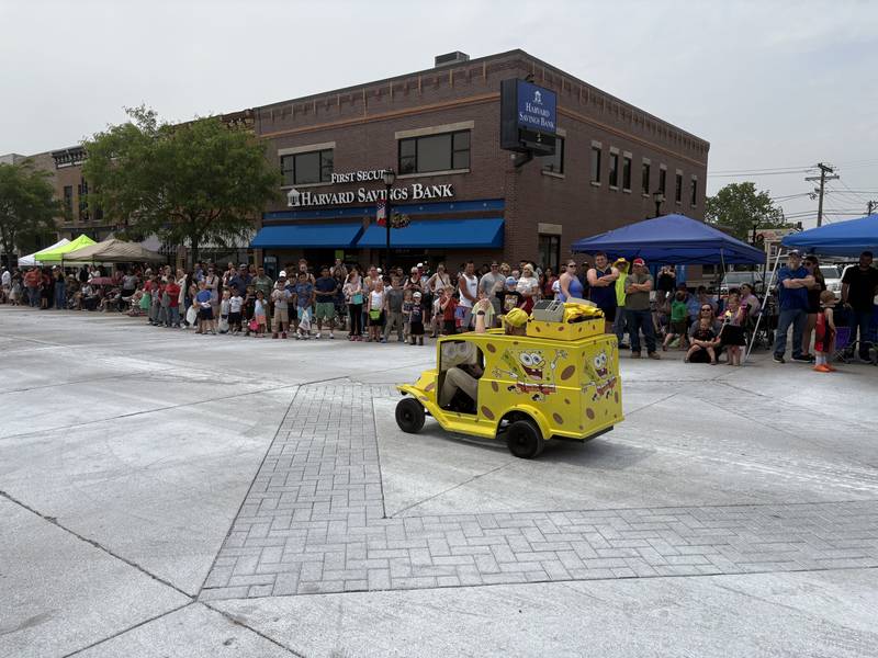 A Spongebob-themed car drives by in the Harvard Milk Days parade June 7, 2025.