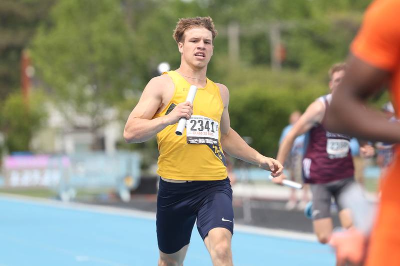 Sterling’s Kael Ryan crosses the finish line for fourth in the Class 1A 4x200 Meter Relay State Finals on Saturday, May 27, 2023 in Charleston.