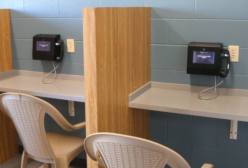 A view of visiting monitors and phones inside the Bureau County Jail on Tuesday, Jan. 28, 2025 in Princeton. Family members can only chat with inmates through video monitors in the lobby or can be arranged long distance. No face-to-face visitation is allowed.