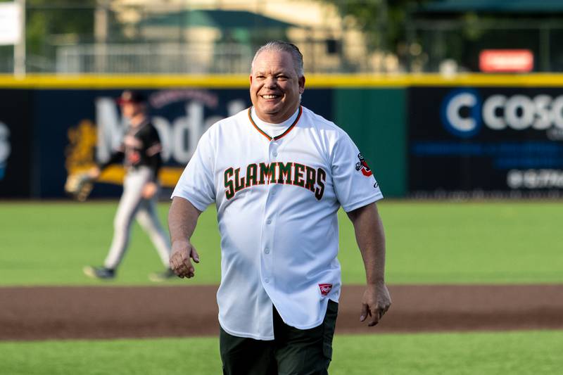 Joliet Police Chief Bill Evans, who recently announced plans to retire, leaves the mound after throwing out a first pitch at the home opener of the Joliet Slammers on Friday, May 8, 2026.
