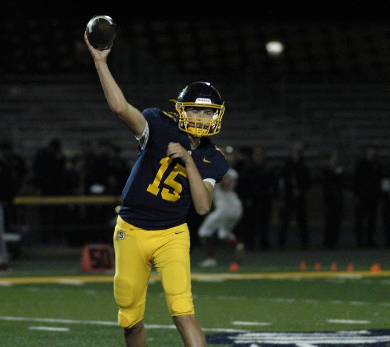 Sterling's Gavin Terrock tosses a pass. The Lions of Urban Prep traveled to Sterling to take on the Warriors at Prescott Memorial Field at Roscoe Eades Stadium, September 5, 2025.